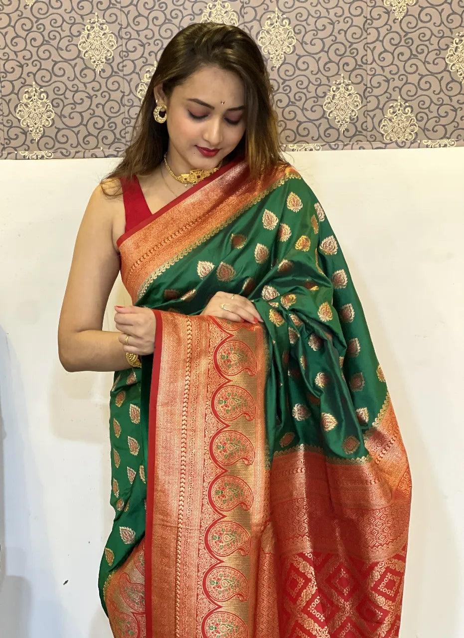 Soft Silk Saree with Zari Weaving | Paithani Saree for Wedding & Festive Wear (Dark Green)
